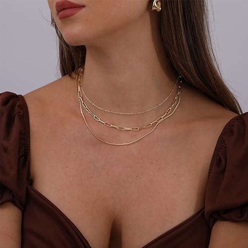 Amicon Dainty Layered Necklaces for Women Trendy Layered 14K Gold Plated Necklace Paperclip Box Chain Layered Necklace Set Jewelry Gifts for Women