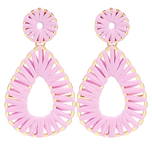 Raffia Teardrop Dangle Earrings Handmad Statement Drop Earrings - color: Lavender