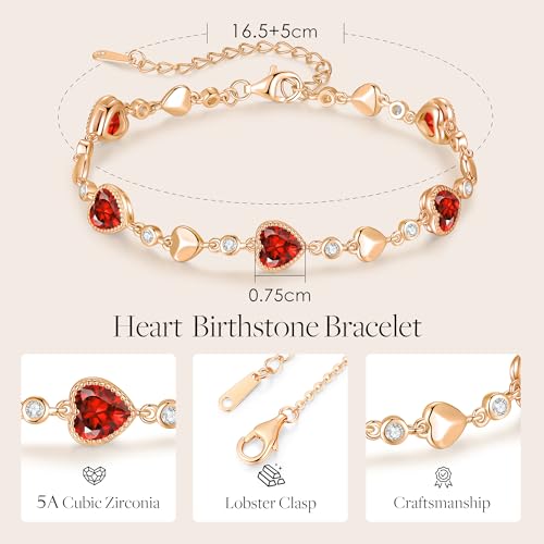 925 Sterling Silver Birthstone Heart Bracelet Jewelry Gift for Women | Rose Gold Plated Bracelets,Hypoallergenic,Adjustable Chain Personalized Anniversary Christmas Jewelry Gift for Mom Wife - color: Rose Gold-01-Jan & 07-Jul