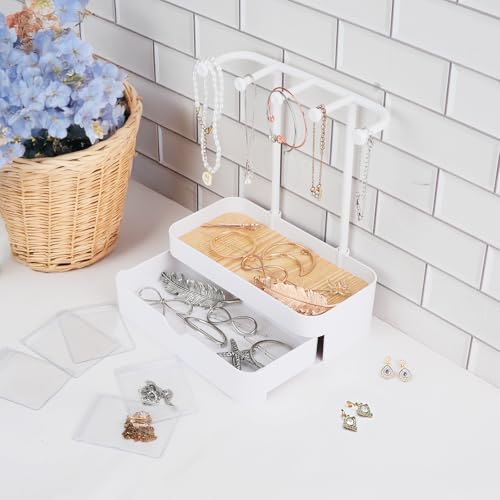 Jewelry Organizer Stand, 2-Tier Necklaces Holder with Wooden Tray and 5 Storage Hooks, Earring Holder with 5 Pcs Jewelry Bags for Bracelet,Chains,Rings,Earrings,Keys Watches (White) - color: Upgraded White