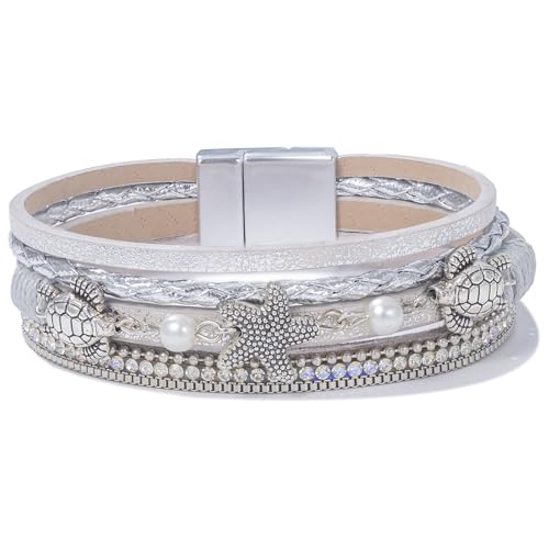 FANCY SHINY Turtle Starfish Leather Wrap Bracelet Boho Rhinestone Pearl Cuff Bracelets for Women Summer Beach Jewelry for Women - color: Silver