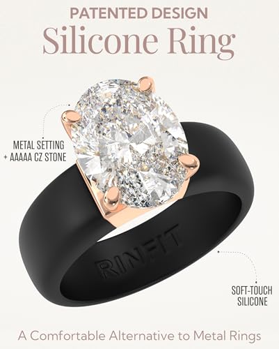 Rinfit Silicone Ring with Stone - Oval Cut Cubic Zirconia Solitaire Engagement Ring for Women - Rubber Wedding Bands - Patented Design - color: Pack I: Black / Rose Gold