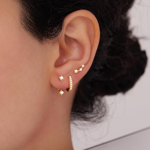 3 Pairs Dainty Small 4th of July Earrings for Women Trendy, Birthstone Stud Huggie Hoop Jacket Stack for Cartilage Helix, Gold Plated Hypoallergenic Cute Women Fashion Accessories Western Jewelry Gifts - color: Created Pearl-Gold