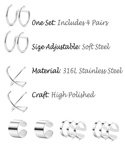Tornito 4-10 Pairs Stainless Steel Ear Cuff Helix Cartilage Clip On Wrap Earrings Fake Nose Ring Non-Piercing Adjustable - color: A4: 4 Pairs, Silver Tone