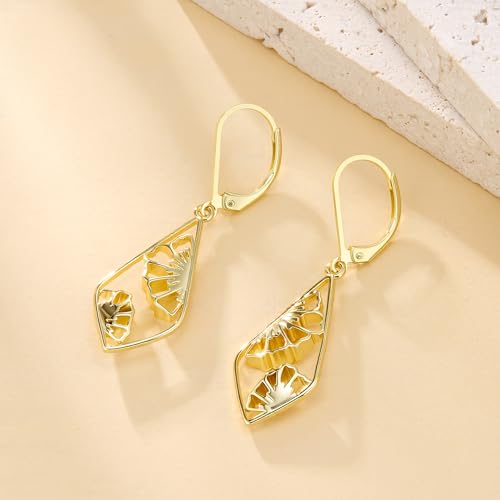 Silver Dangle Earrings Hypoallergenic Filigree Flower Carved Hollow Out Dangle Earrings for Women 14K Gold Plated Geometric Leverback Earring Trendy Silver Drop Earings Jewelry Gifts - color: 14K Gold
