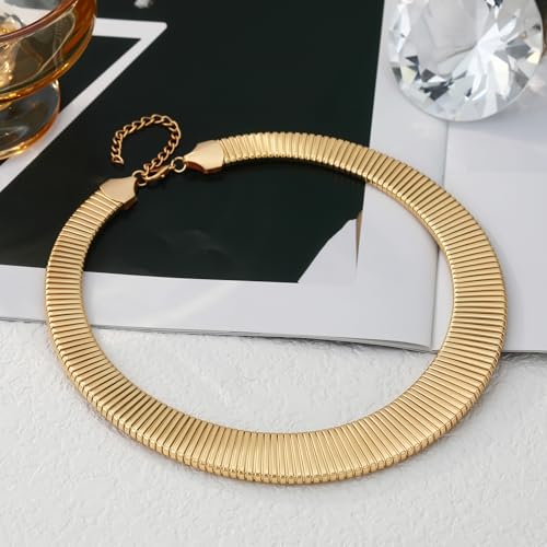 Chunky Gold Collar Choker Statement Necklace for Women Trendy | Gold Plated Layered Twist Flat Thick Snake Herringbone Chain African Torque Necklace Prom Boho Necklaces Party Jewelry Gift - style: Flat Herringbone Chain/Gold