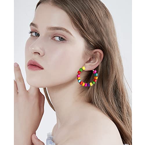 Handmade Nature Wooden Beaded Hoop Earrings Bohemian Minimalist Colorful Circle Round Wood Bead Earrings Vintage Chic Wooden Ethnic Dangle Drop Earrings for Women Statement Jewelry Gifts - color: Color Small Round 3