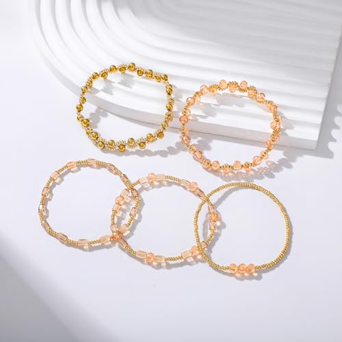 Dainty Gold Plated Pearl Crystal Beaded Bracelets Set for Women 14K Gold Plated Bead Pearl Beads Bracelet Stackable Paperclip Link Chain Bracelets Gold Plated Bracelets for Women Trendy Jewelry - color: Style5-3 Champagne gold