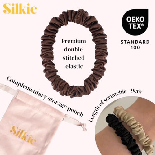SILKIE x4 Set 100% Pure Mulberry Silk Green Skinny Scrunchies Travel Pouch Everyday Hair Ties Elastics Hair Care Ponytail Holder No Damage (Emerald) - color: Emerald