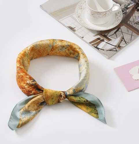 CHUNG Women's Scarf Hair Bandanas Square 27.5" Satin Wrap Fashion Pattern Scarves Emulation Silk Handbag Ribbons Necktie - color: Birch Forest