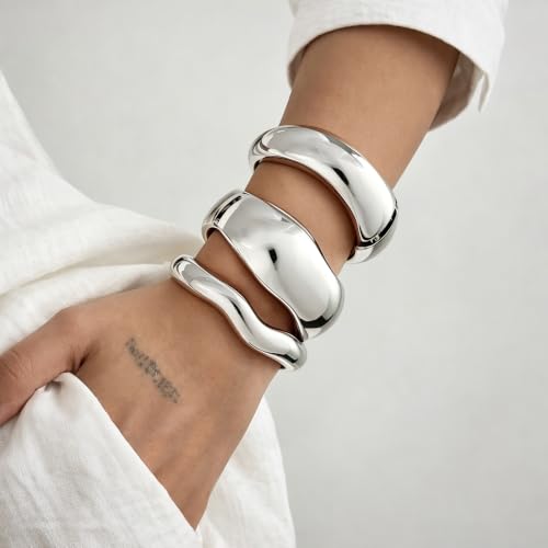 Chunky Gold Bangle Bracelets for Women Trendy 14K Gold Plated Cuff Bracelets Stack, Dainty Gold Bracelet Sets Non Tarnish Fashion Jewelry Gift - style: Silver-3pc-008