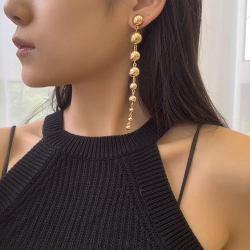 Dainty Gold Beaded Ball Dangly Earrings for Women, Statement Simple Silver Round Beads Long Tassel Drop Dangle Earring Party Prom Accessories Jewelry Gift - color: Gold