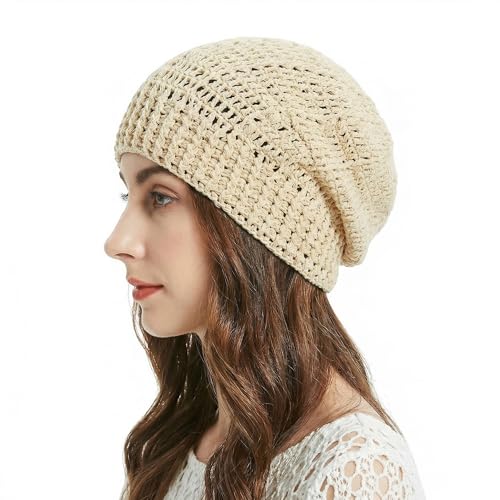 ZLYC Women Cotton Crochet Slouchy Beanie Hat Handmade Knit Summer Skull Cap - color: Beige