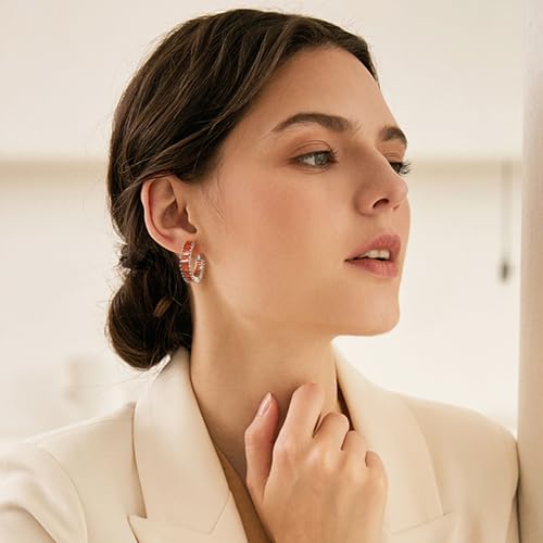 Trendy 14K Gold Plated Hoop Earrings for Women, Chunky Gold/Silver Earrings for Women Cubic Zirconia Baguette Hoop Earrings Heart Hoops Lightweight Hypoallergenic Jewelry,25mm/35mm/40mm/50mm - color: 01 Silver Burnt Orange Hoops 25mm