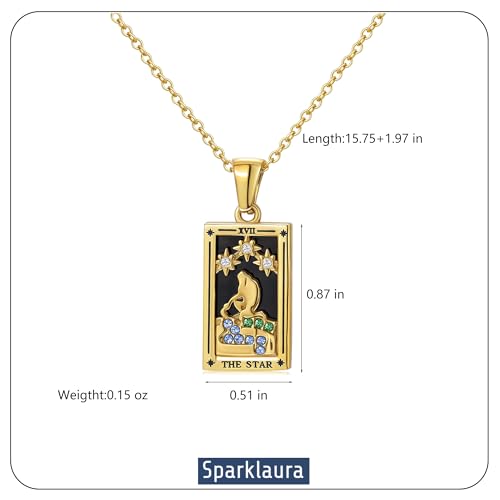 Gold Tarot Card Necklace for Women Men, Non Tarnish 18K Gold Plated Vintage Lucky Charm Square Pendant Talisman Amulet Necklaces Unisex Jewelry - style: The Star