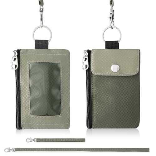 Artpaxy Minimalist Wallet For Mens Womens, Keychain RFID Blocking Zipper Small Wallet with ID Window 2 Lanyards,Water Resistant Travel Cash Card Coin Case Boys Girls - color: Army green+Light gray green, style: Casual