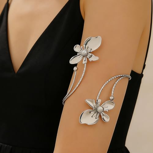 Flower Arm Cuff Bracelets for Women Adjustable Gold Upper ArmBand Jewelry Boho Floral Open Wrap Statement Bangle Bracelet Arm Cuff Jewelry Gifts for Women - color: Sliver