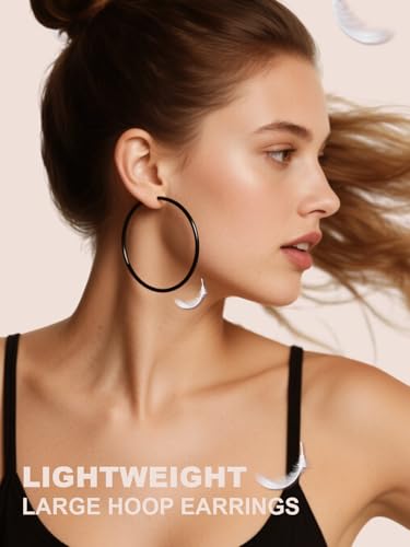 FOCALOOK 14K Gold Plated Lightweight Large Hoops| 2mm Thin Hoop Earrings for Women 30/40/50/70/100mm - color: 01.Black, size: 50mm