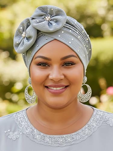 Woeoe Beanie Cap Head Wrap Black Rhinestones Head Scarf Flower Pearls Twisted Head Turban for Women Girls - color: Grey