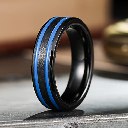 King Will Mens Tungsten Rings for Men Two Tone Grooved Mens Wedding Band Cool - color: Black & Blue Two Groove 6mm