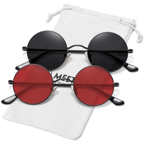 MEETSUN Small Round Polarized Sunglasses for Men Women Metal Retro Hippie Circle Sun Glasses Driving Festival Cosplay UV400 - color: Black / Grey + Black / Red