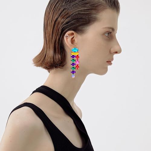 Boho Large Sparkly Rhinestones Teardrop Drop Dangle Earrings Long Tassel Full Crystals Chain Earrings for Women Wedding - style: Colorful
