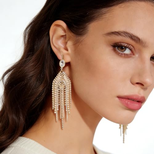 Gold Chandelier Earrings for Women Pearl Rhinestone Fringe Long Tassel Earrings for Women Sparkly Rhinestone Jewelry for Wedding Party Accessories