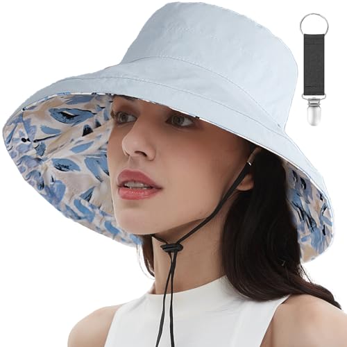 vidsel Womens Sun Hats Wide Brim Reversible Bucket Cotton Hat Packable Summer Travel Cap with Hat Clip,UV Protection - color: Blue, size: Medium