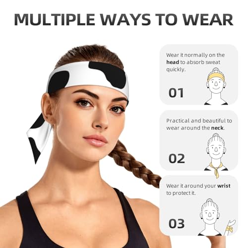 Sports Head Tie Westie Dogs Beach Summer Tropical Tie Sweatband Headband Men Women Elastic Bandana Adjustable Non-Slip Moisture Wicking for Running Football Yoga Workout Athletic Hair Ninja Head Band - color: Black And White Cow Pattern