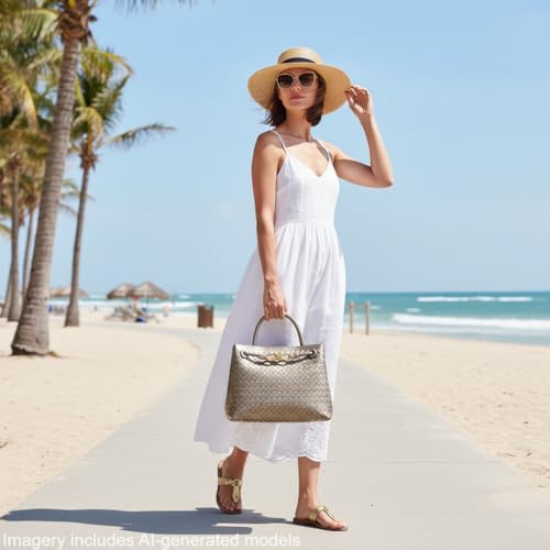 Woven Tote Bag Womens Purse: Vegan Leather Shoulder Handbags - Fashion Summer Beach Tote Bags - Large Travel Totes - color: A7 Medium Light Copper and Silver