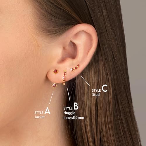 3 Pairs Dainty Small 4th of July Earrings for Women Trendy, Birthstone Stud Huggie Hoop Jacket Stack for Cartilage Helix, Gold Plated Hypoallergenic Cute Women Fashion Accessories Western Jewelry Gifts - color: 01Red Created Garnet-Jan (Gold)