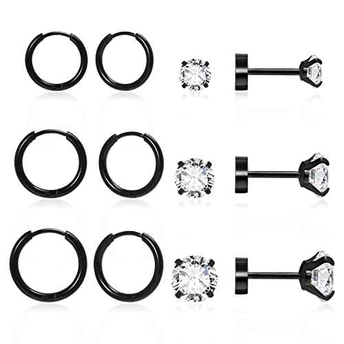 Dainty 6 Pairs Surgical Steel Earrings Sets for Multiple Piercing, Lightweight 14K Gold Plated Small Huggie Hoop Earrings, Flat Back Tiny Ball CZ Stud Earrings for Cartilage, Helix, Lobe, Hypoallergenic - style: Black - Huggie Hoops and CZ Studs