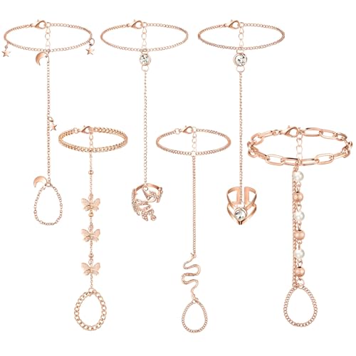 Fumete 6 pcs Finger Ring Bracelet Linked Rhinestone Hand Harness Chain Slave Bracelet with Ring Everyday Jewelry for Women - color: Rose Gold, style: Classic