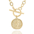 Chunky Gold Coin Pendant Necklace Trendy Layered Statement Chain for Women, Antique Toggle Design with Thick Link, Fashionable Necklaces for Women - color: Worn Gold