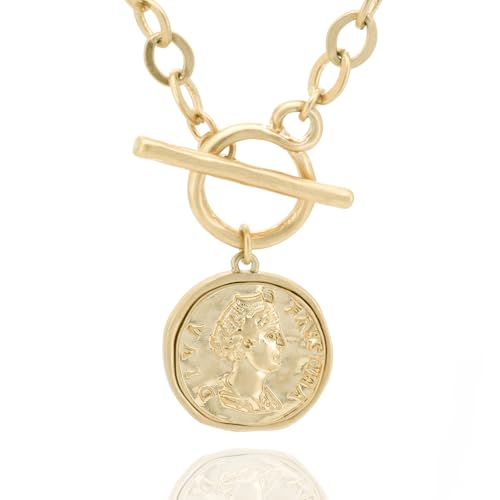 Chunky Gold Coin Pendant Necklace Trendy Layered Statement Chain for Women, Antique Toggle Design with Thick Link, Fashionable Necklaces for Women - color: Worn Gold