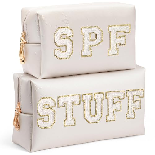 Preppy Patch Cosmetic Bags - Summer 2P White STUFF SPF Chenille Letter Makeup Bag, PU leather Travel Toiletry Kit Portable Waterproof Pouch Zipper Clutch, Holiday Party Gifts for Women Girls - color: White, style: Stuff Spf White