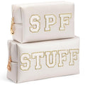 Preppy Patch Cosmetic Bags - Summer 2P White STUFF SPF Chenille Letter Makeup Bag, PU leather Travel Toiletry Kit Portable Waterproof Pouch Zipper Clutch, Holiday Party Gifts for Women Girls - color: White, style: Stuff Spf White