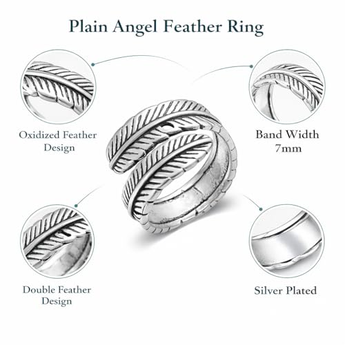 Silver Plated Feather Ring | 925 Silver Adjustable Open Ring | Vintage Leaf Design Inspirational Jewelry for Men & Women | Hypoallergenic Boho Statement Ring - color: Angel Feather Ring