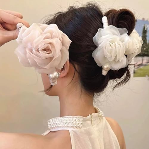 Large Chiffon Rose Flower Hair Claw Clips Boho Mesh Floral Hair Pins Barrettes Strong Hold Non-Slip Beach Vacation Hair Accessories for Women (White Large Chiffon Claw with Pearl) - color: White Large Chiffon Claw with Pearl