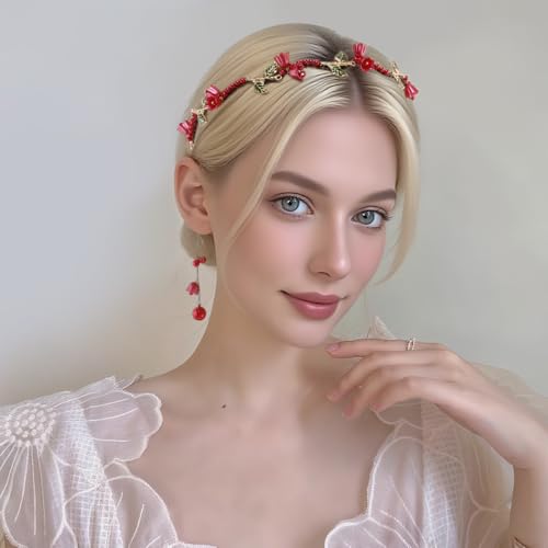 AHONEY Red Flower Headband for Women Girls Hair Vine Leaf Black Headband Wedding Fairy Accessories Headpiece - color: Red