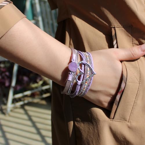 Womens Multi Layer Heart Leather Wrap Bracelet Boho Stackable Cuff Bangle Magnetic Clasp Crystal Birthday Valentine Gift - color: Purple