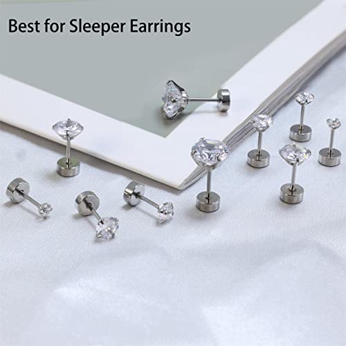 Dainty 6 Pairs Surgical Steel Earrings Sets for Multiple Piercing, Lightweight 14K Gold Plated Small Huggie Hoop Earrings, Flat Back Tiny Ball CZ Stud Earrings for Cartilage, Helix, Lobe, Hypoallergenic - style: Silver- 3/4/5/6/8mm CZ Stud