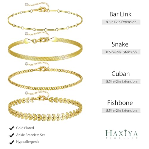 HAXIYA Waterproof Gold Anklets for Mom, Mothers Day Gifts Mama Dainty 18K Gold Plated Anklets Layered Cuban Link Chain Herringbone Cute Anklets Set Summer Beach Jewelry Gift for Women