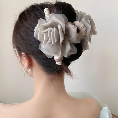 Large Chiffon Rose Flower Hair Claw Clips Boho Mesh Floral Hair Pins Barrettes Strong Hold Non-Slip Beach Vacation Hair Accessories for Women (Light Brown Large Chiffon Claw with Pearl) - color: Light Brown Large Chiffon Claw with Pearl