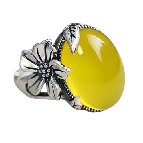 Boho Oval Stone Flower Leaf Statement Ring for Women Antique Silver Plated Vintage Crystal Plum Blossom Adjustable Open Wrap Rings Comfort Fit Retro Gemstone Art Decor Wedding Engagement Jewelry - color: Yellow