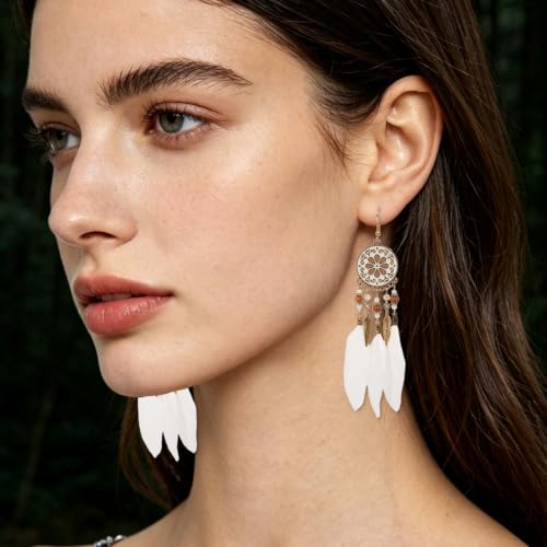 Boho Turquoise Drop Earrings Retro Long Copper Feather Tasse Metal Leaf Dangle Earrings Vintage Country Western Jewelry Cowgirl Ethnic Style Geometric Concert Festival Accessories for Women - color: Beige