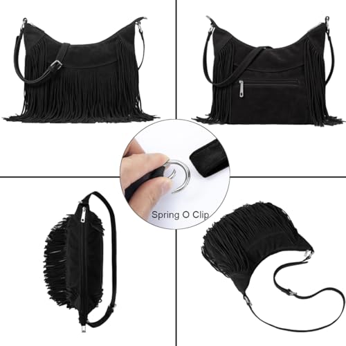 Sunwel Fashion Women Fringe Hobo Bag Western Purse Shoulder Bag Vegan Suede Tassel Hippie Crossbody Bag - color: Black