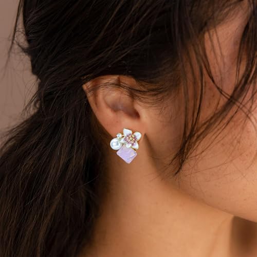 Pink Flower Earrings for Women, 925 Sterling Silver Stud Earrings, Cute Plumeria Earrings For Women, Cherry Blossom Hypoallergenic Stud - color: Pink Crystal Cherry Blossom