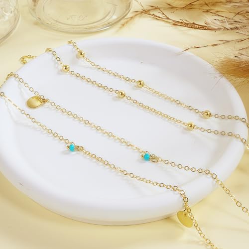 14K Gold Plated Waist Chain for Women, 2Pcs Adjustable Pearl Beads Body Chain, Sexy Layered Summer Beach Bikini Belly Jewelry Accessories - style: Bead&Turquoise&Disc