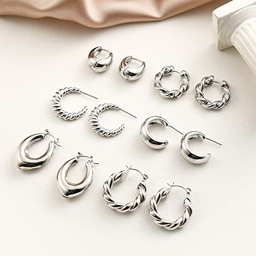 HILXURY Gold Chunky Hoop Earrings Set for Women, 14K Gold Plated Twisted Huggie Hoop Earring Hypoallergenic, Thick Open Hoops Set Lightweight - color: 6 Silver hoops